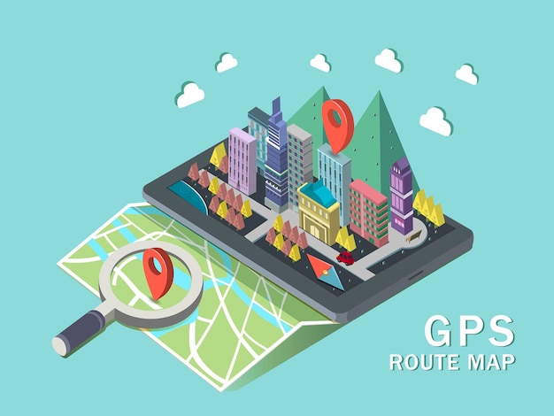 GPS route map 3d isometric infographic with tablet showing beautiful city scene