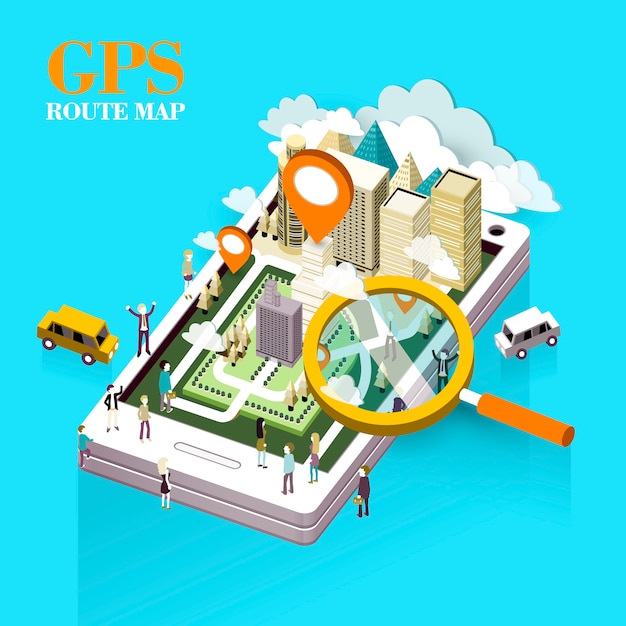 Концепция карты маршрута gps в изометрической графике