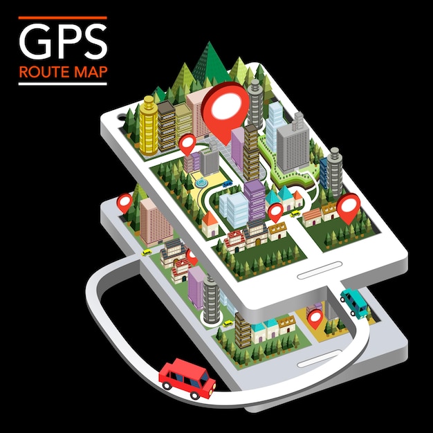 Карта маршрута GPS плоская 3d изометрическая инфографика со сценой города появилась со смартфона