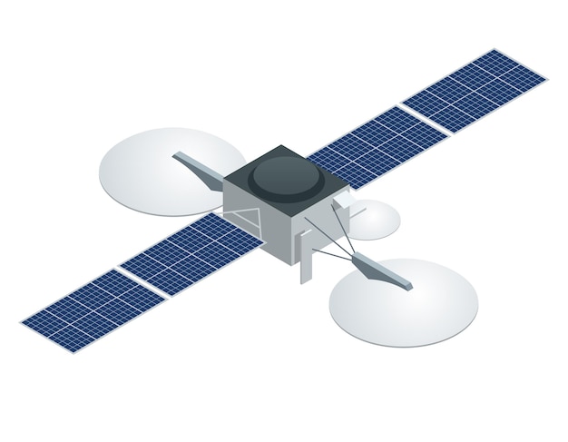 GPS-satelliet. Platte isometrische vectorillustratie. Draadloze satelliettechnologie. Wereld wereldwijd net. gebruikt voor workflowlay-out, spel, diagram, nummeropties, webdesign en infographics