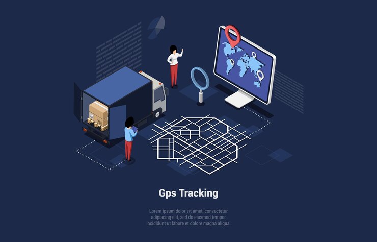 Vector gps tracking concept illustration on dark blue background with writing. vector isometric composition in cartoon 3d style. electronic navigator to trace goods and products. online service. world map