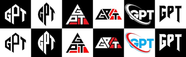 Дизайн логотипа буквы GPT в шести стилях. Многоугольник GPT, круг, треугольник, шестиугольник, плоский и простой стиль с черно-белым цветовым вариантом логотипа буквы, установленным в одном артборде. Минималистский и классический логотип GPT.