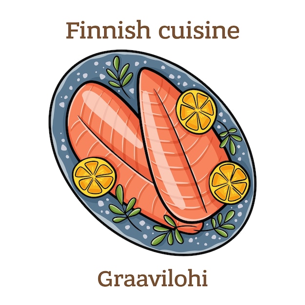 Скандинавское блюдо Graavilohi, состоящее из сырого лосося, вяленого в соленом сахаре и укропе. Финская еда Векторное изображение изолировано