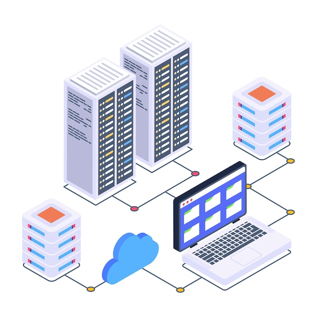 벡터 클라우드 컴퓨팅 네트워크의 이 창의적인 아이소메트릭 아이콘을 잡으십시오.
