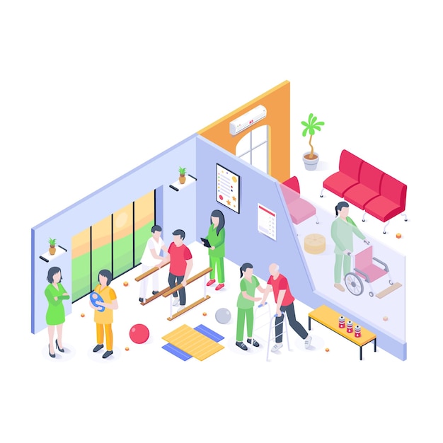 Grab this editable isometric illustration of the rehabilitation center