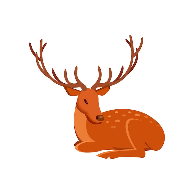 Graceful brown deer with antlers lying wild animal cartoon vector Illustration on a white background