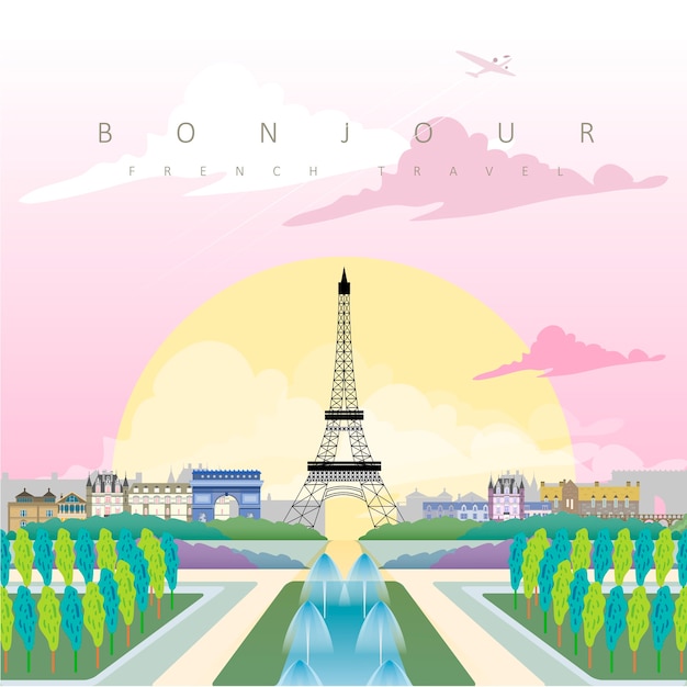 Изящный туристический плакат Франции с Эйфелевой башней