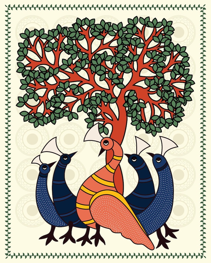 वेक्टर graceful peacock family exquisite madhubani artwork madhubani art contemporary art