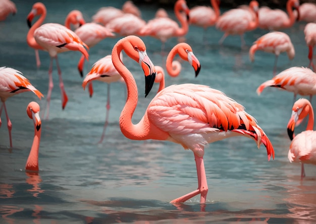 Vector graceful pink flamingo wading