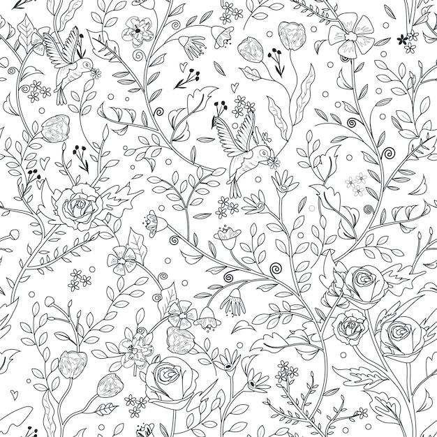 Graceful seamless floral pattern coloring page in exquisite style