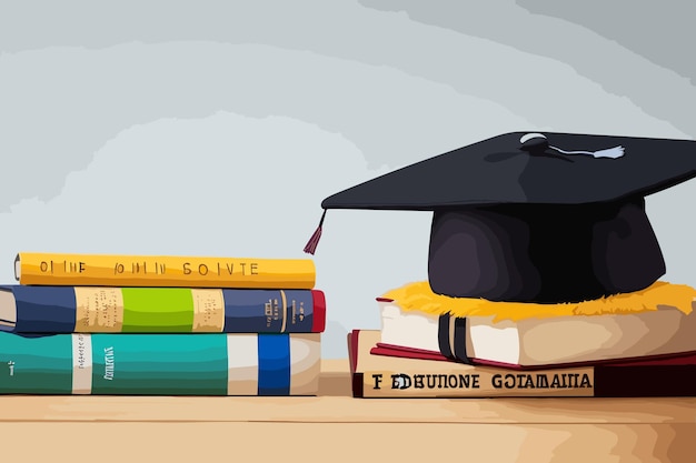 Grad hat and diploma with books isolated on white