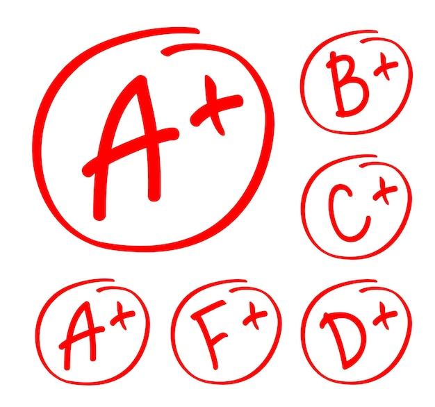 Grade results set. Hand drawn vector grade in red circle. Test exam mark report.