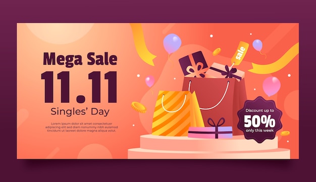 Gradient 11.11 singles day shopping day horizontal sale banner template