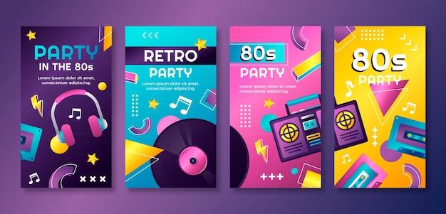 Vector gradient 80's themed party instagram stories collection