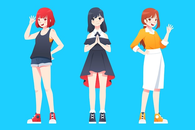 Gradient anime full body people greeting