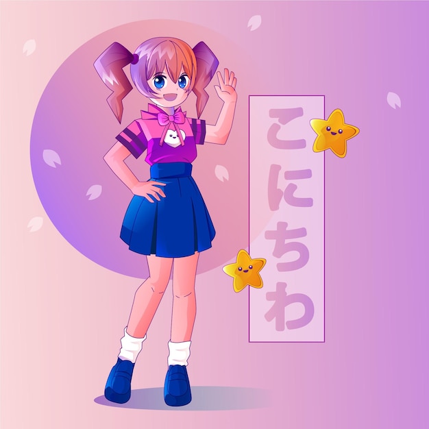 Gradient anime full body people greeting