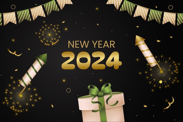 Gradient background for new year 2024 with fireworks and present