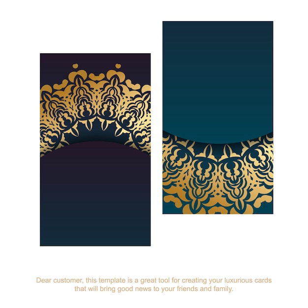 Gradient blue business card with vintage gold ornaments for your business.