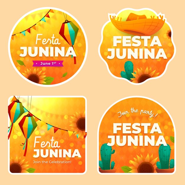 Vector gradient brazilian festas juninas stickers collection