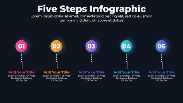 Elementi di progettazione infografica business gradiente passaggi in tema scuro