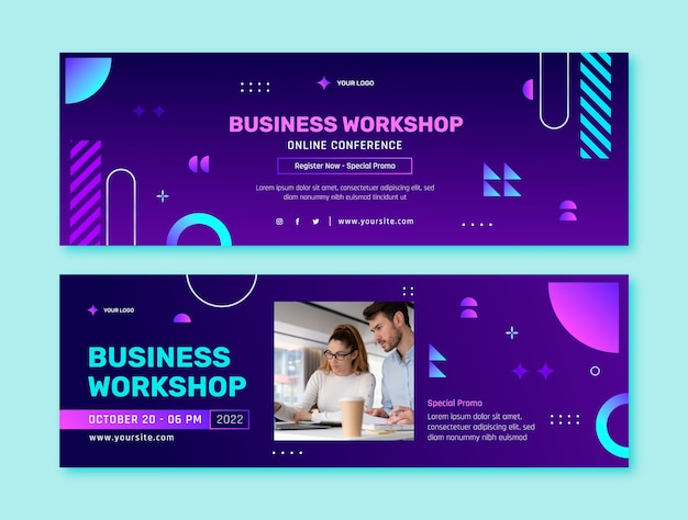 Vettore banner orizzontale di gradiente business workshop