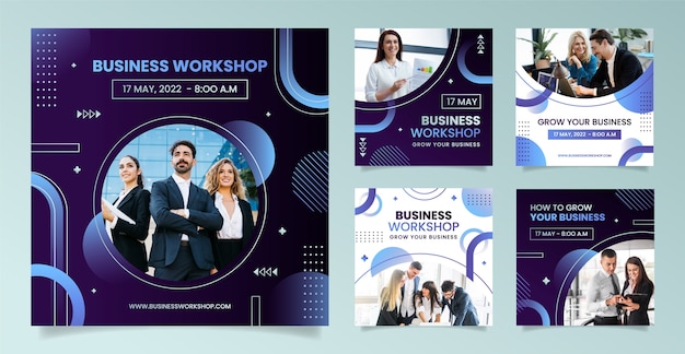 Vector gradient business workshop instagram posts set