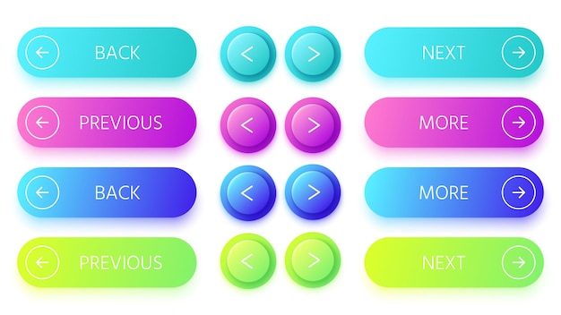 ベクトル グラデーションボタン。次へと戻るボタン、カラフルな前へ、その他のボタンが設定されています。