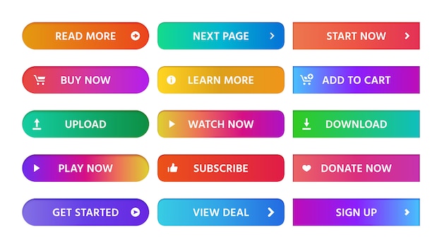그라디언트 버튼. 직사각형 다음 페이지 버튼, 자세히 읽고 장바구니 아이콘에 추가 화려한 그라디언트 웹 격리 설정