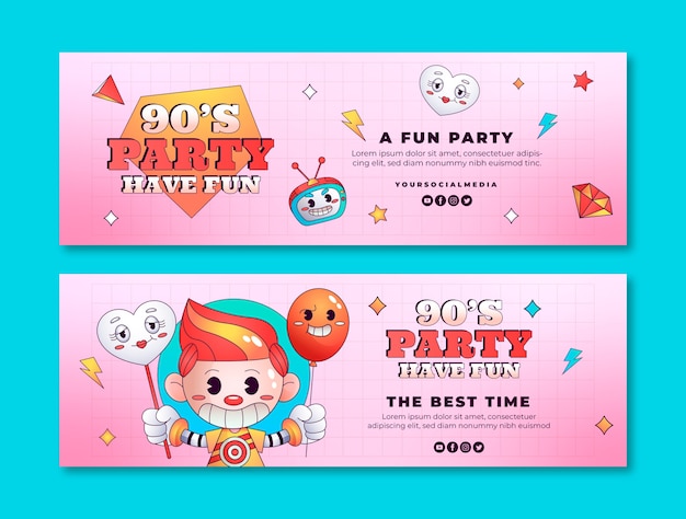 Gradient cartoon 90s party horizontal banners pack
