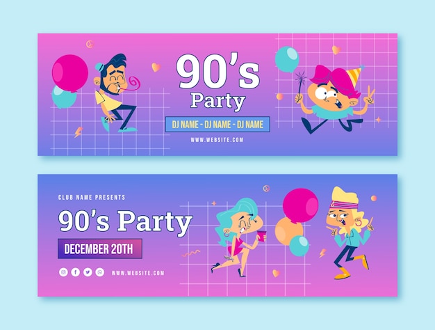 Vector gradient cartoon 90s party horizontal banners