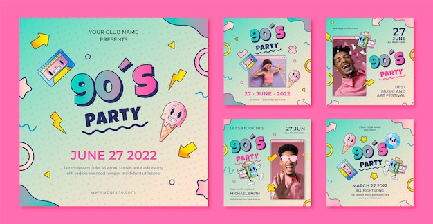 Vector gradient cartoon 90s party instagram posts