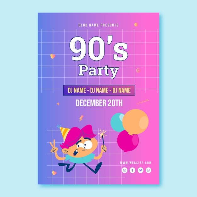 Gradient cartoon 90s party poster template