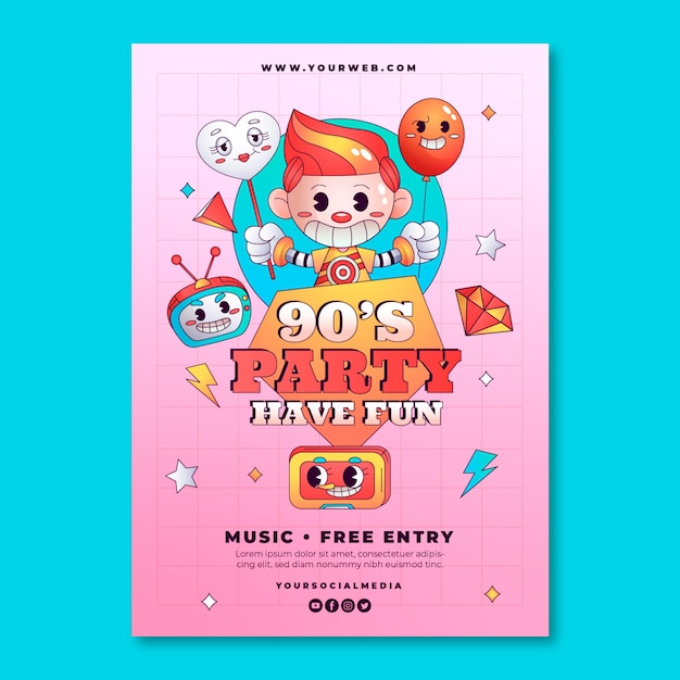 Vector gradient cartoon 90s party poster template