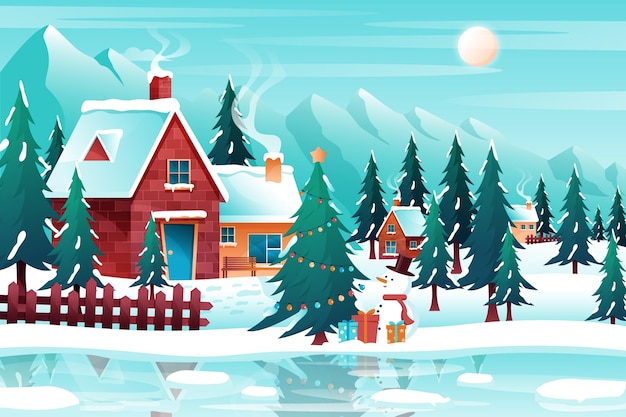 Gradient christmas village illustration