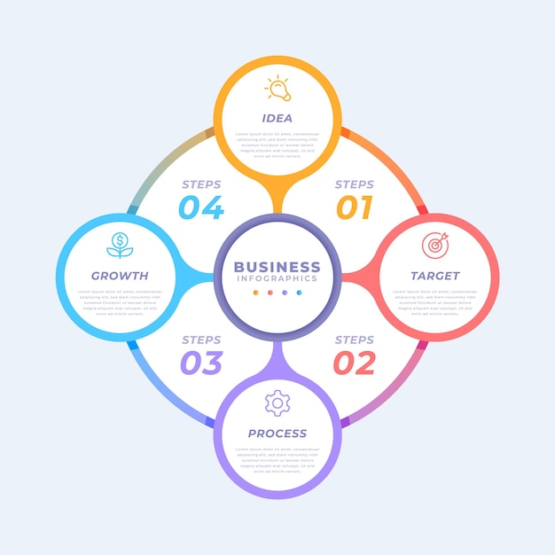 Modello di infografica diagramma circolare gradiente con quattro passaggi