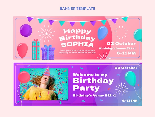 Vector gradient colorful birthday banners horizontal