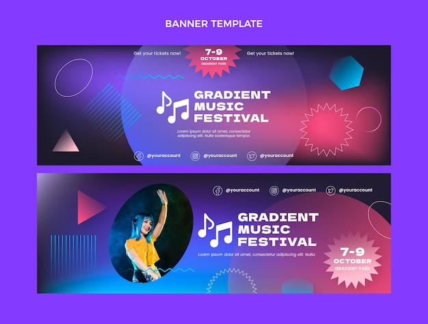 Gradient colorful music festival horizontal banners