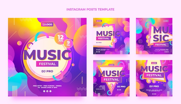 Vettore post instagram del festival musicale colorato sfumato