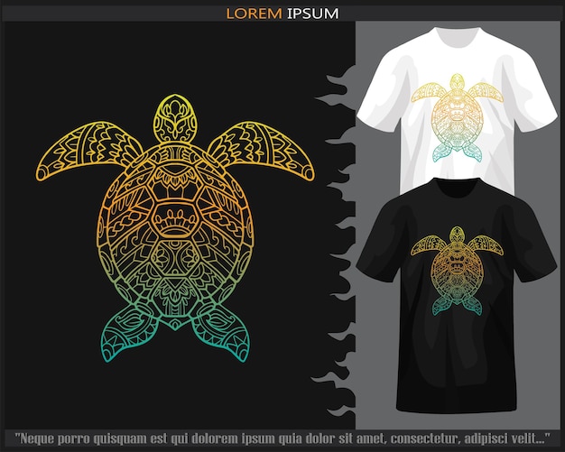 검은색과 색 티셔츠에 고립된 다채로운 바다 거북이 만달라 예술