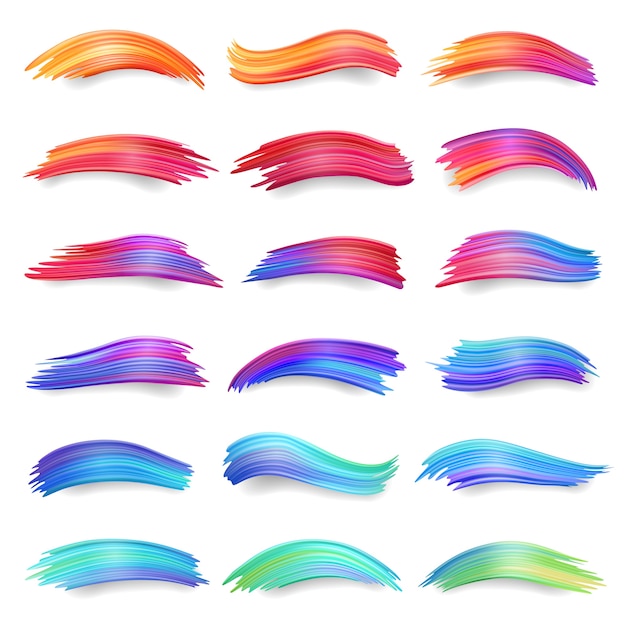 Vector gradient of colorful smears, red to orange, purple, blue, green brush strokes, acrylic paint daub or set of isolated watercolor swab, dye or ink drawing. abstract decoration, colourful design element