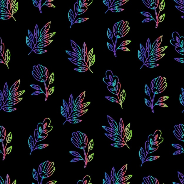 Gradient contour isolated laser silhouettes of herbs and flowers vector seamless pattern