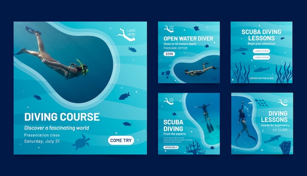 Vector gradient diving instagram posts template