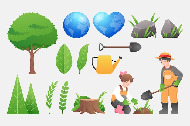 Vector gradient earth day element set collection with characters and plants