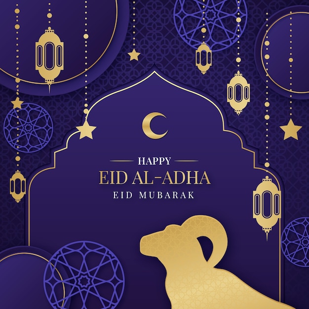 Vettore gradiente eid al-adha illustrazione con lanterne e montone