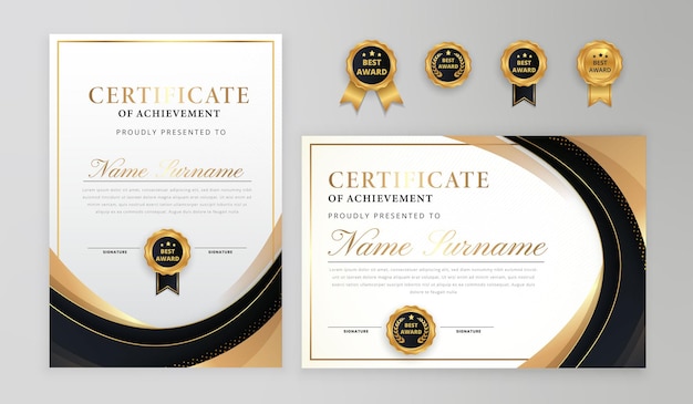 Gradient elegant black and gold certificate border with set of badges for business and diploma template