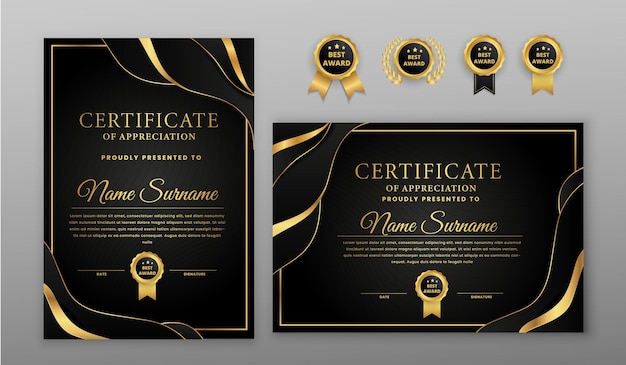 Градиентный элегантный красный и золотой сертификат с набором значков и рамкой для бизнеса и шаблона диплома