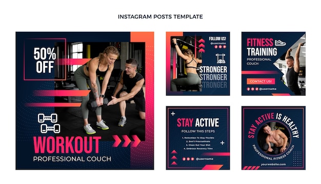 Vettore raccolta di post instagram di fitness gradiente