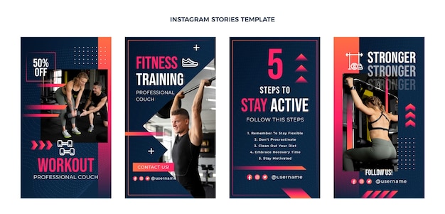 Vettore collezione di storie di instagram di fitness gradiente