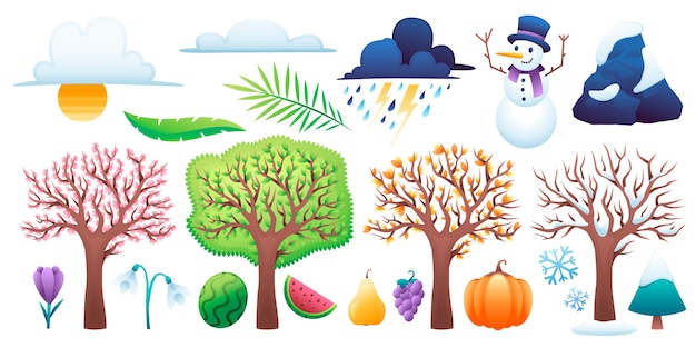 Градиентный набор элементов четырех сезонов с деревьями