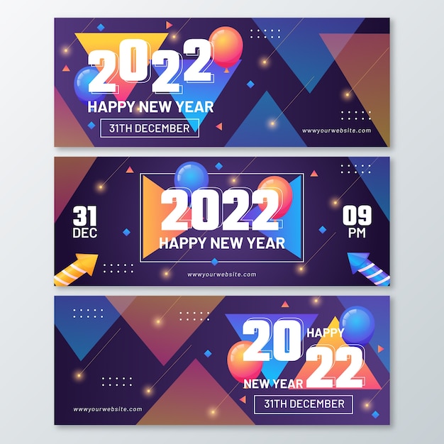 Gradiënt gelukkig nieuwjaar 2022 horizontale banners set